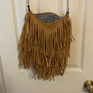 Fringe shoulder purse tan faux leather